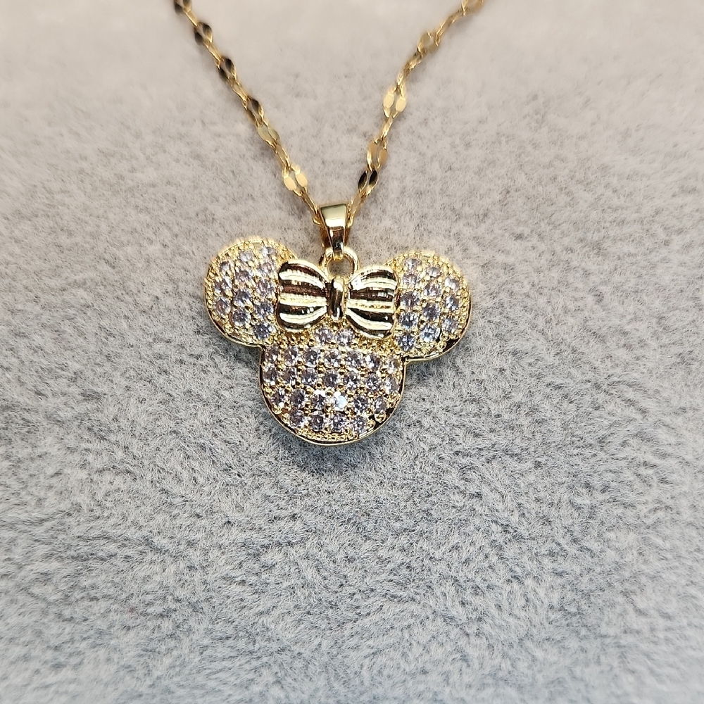 18k Gold Plated Stainless Steel Simulated Diamond Minnie Mouse Pendant and Chain